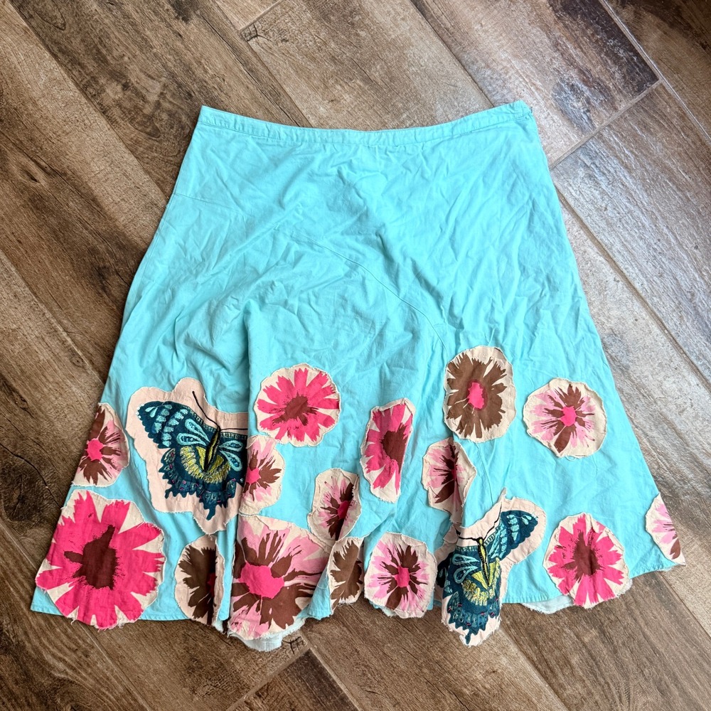 Persaman New York Whimsy Y2K Floral Butterfly Applique Midi Skirt, Teal Pink, 12